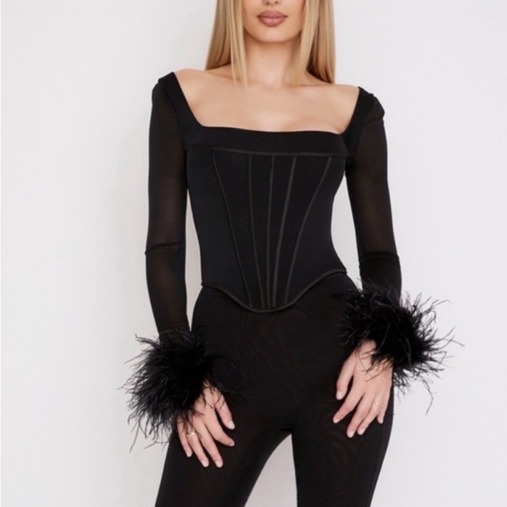 House of CB Black Corset Top with Feather Cuffs